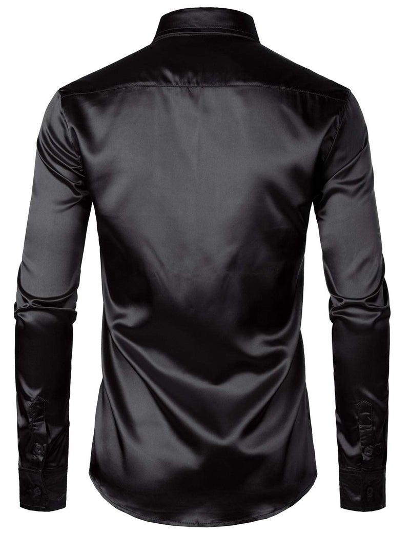 ZEROYAA Men's Luxury Shiny Silk Like Satin Button Up Dress Shirts ZLCL14-Black X-Large - Image 3